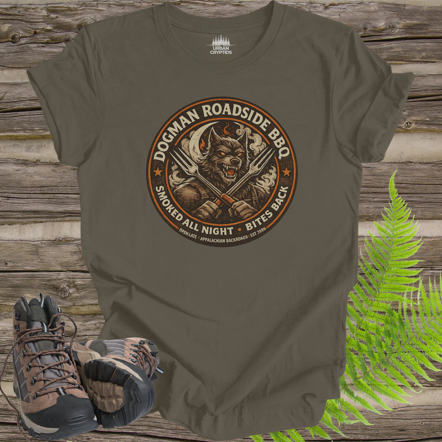 Dogman Roadside BBQ Shirt | Cryptid Town Tee | Smoked All Night Bites Back Werewolf BBQ Vintage Badge