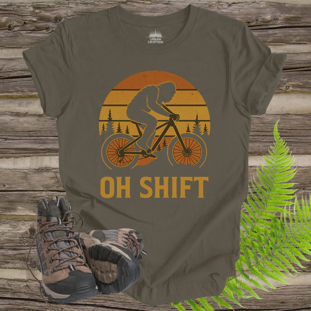 Oh Shift – Funny Bigfoot Mountain Bike T-Shirt (Retro Cycling Design)