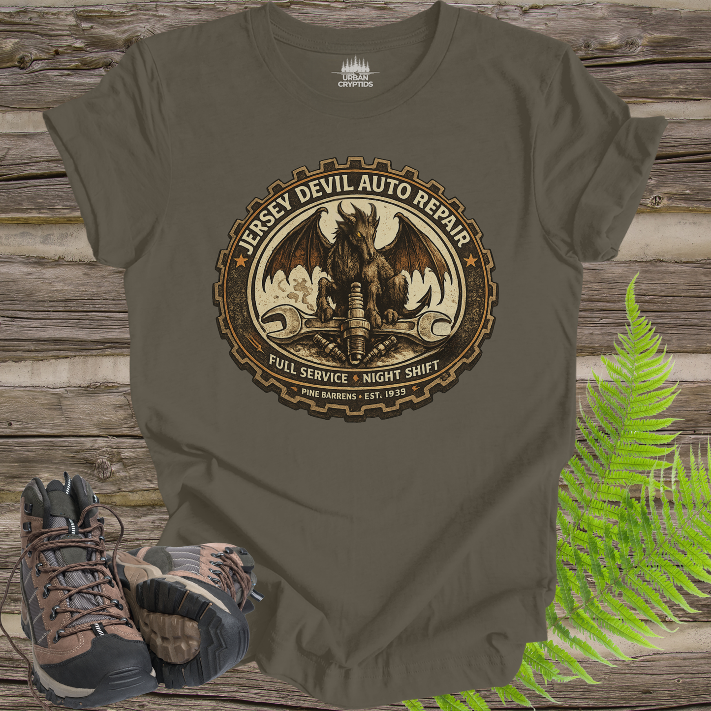 Jersey Devil Auto Repair Shirt | Cryptid Town Tee | Pine Barrens Cryptid Vintage Gear Badge Night Shift Auto Shop