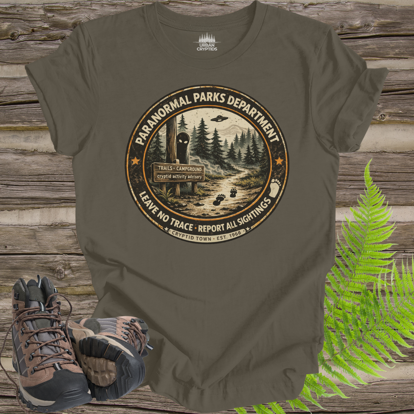 Paranormal Parks Department Shirt | Cryptid Town Tee | Leave No Trace Report All Sightings Vintage Ranger Badge