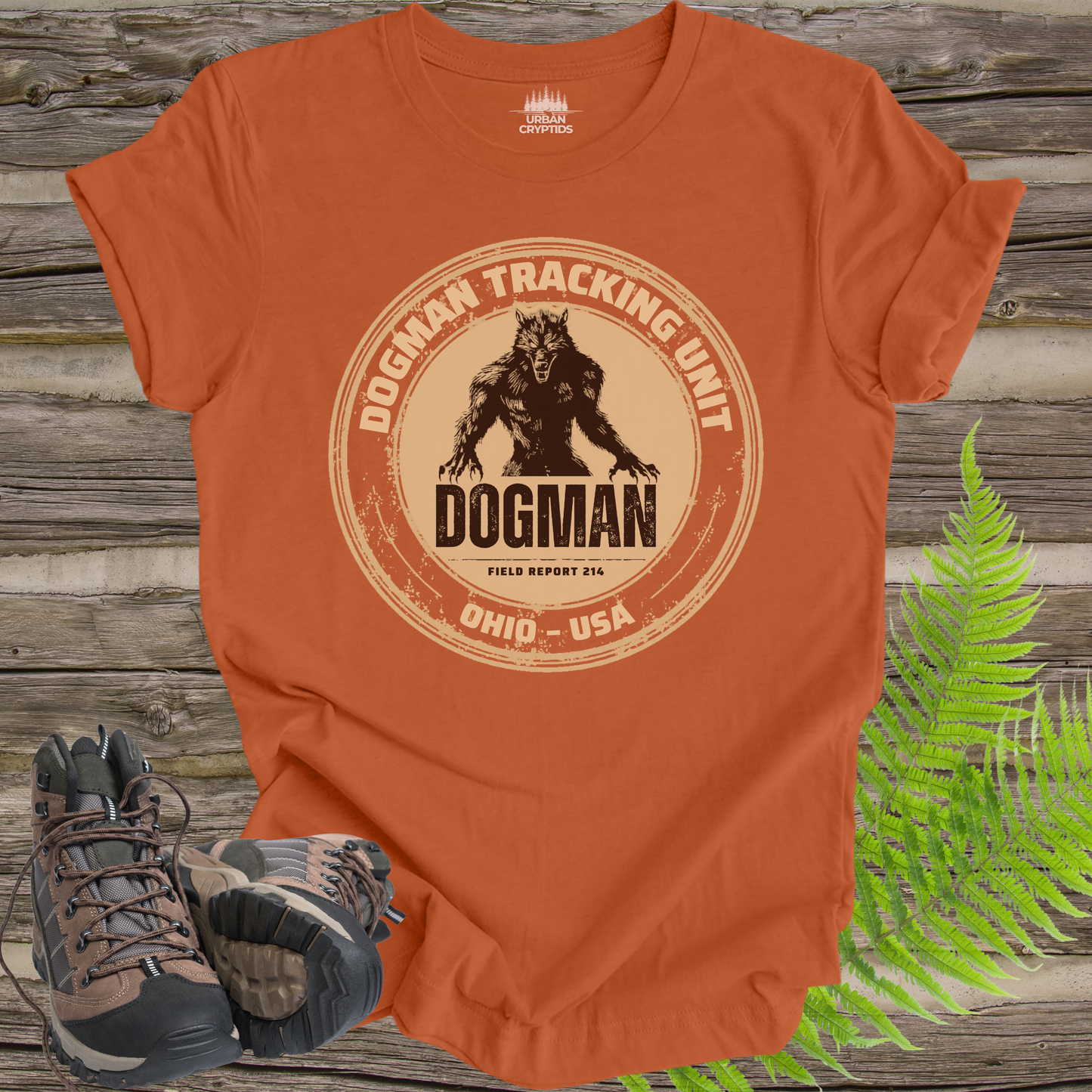 Dogman Tracking Unit T-Shirt – Cryptid Field Report 214 Vintage Badge Tee