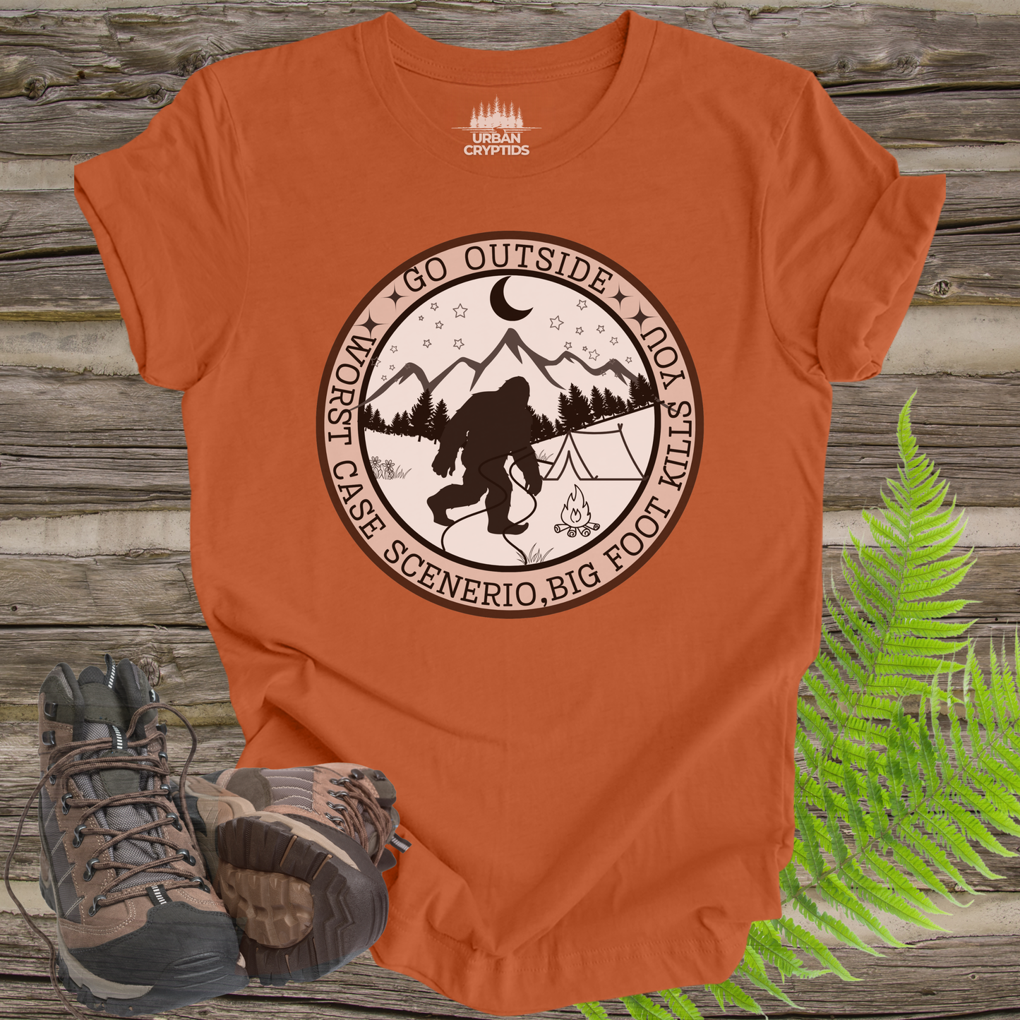 Funny Bigfoot Tee – “Go Outside, Worst Case Scenario Bigfoot Kills You” Shirt