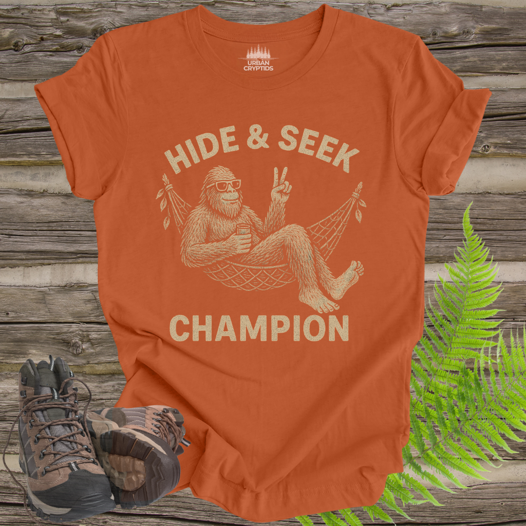 Hide & Seek Champion Bigfoot T-Shirt | Funny Sasquatch Cryptid Tee