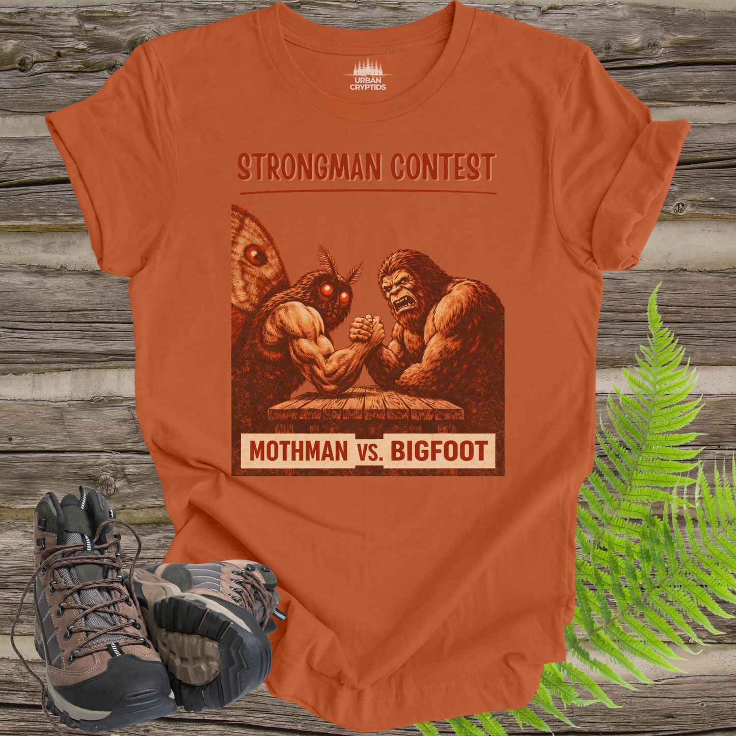 Mothman vs Bigfoot T-Shirt – Cryptid Strongman Arm Wrestling Contest Tee