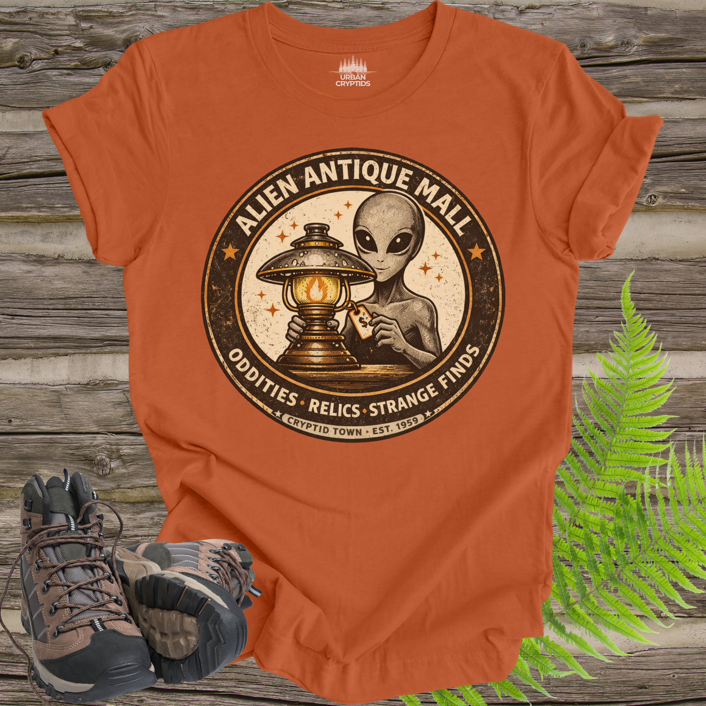 Alien Antique Mall Shirt | Cryptid Town Tee | Oddities Relics Strange Finds UFO Lamp Vintage Store Logo