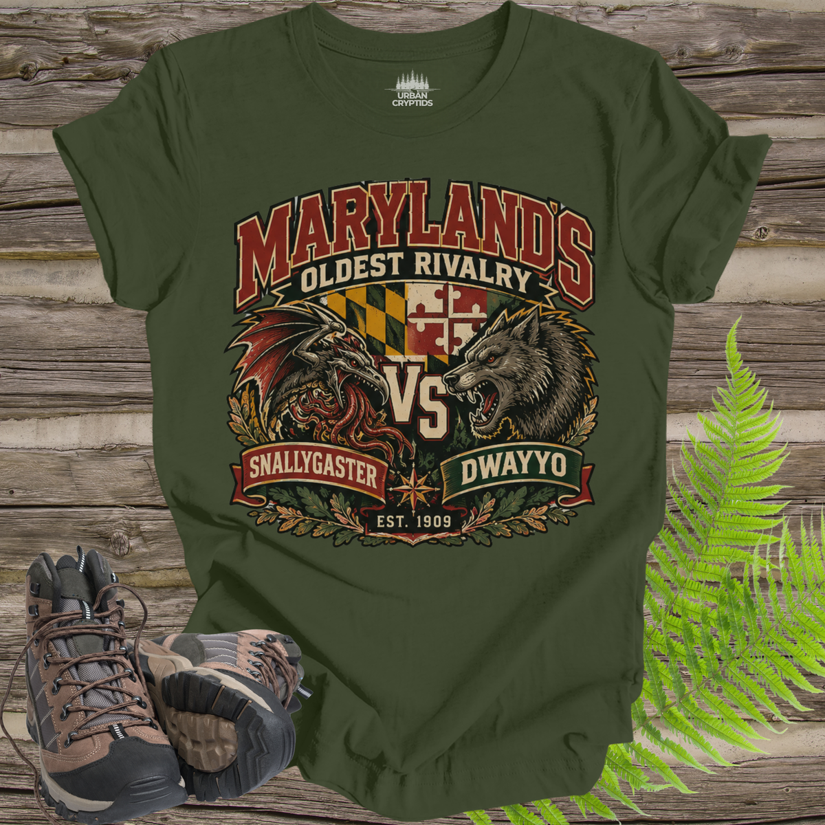 Snallygaster vs. Dwayyo T-Shirt – Maryland Cryptid Rivalry Tee