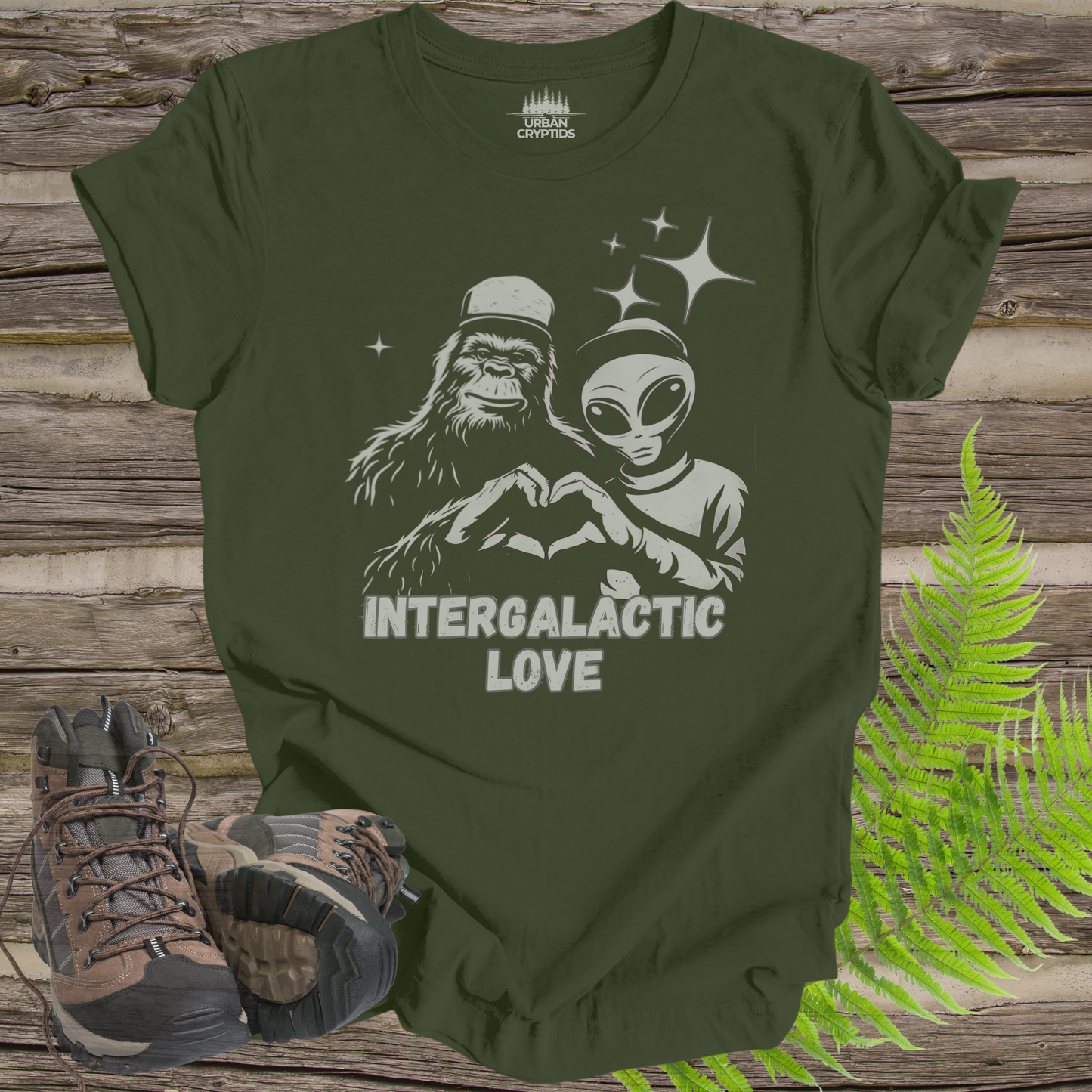 T-Shirt Intergalactic Sasquatch Alien Love Heart Hands Tee