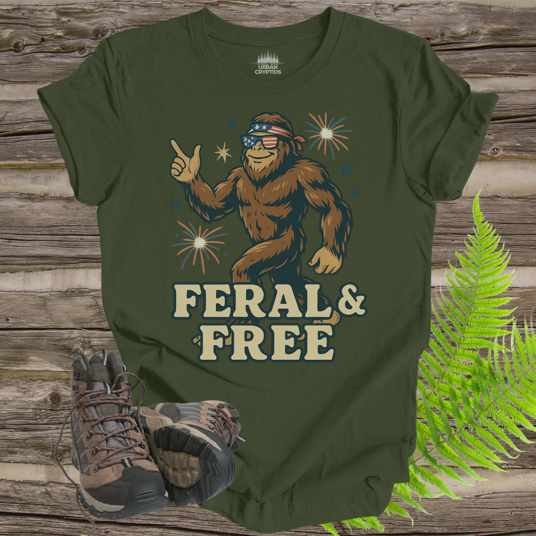 Feral & Free Bigfoot Shirt – Funny Patriotic Cryptid Tee for 4th of July