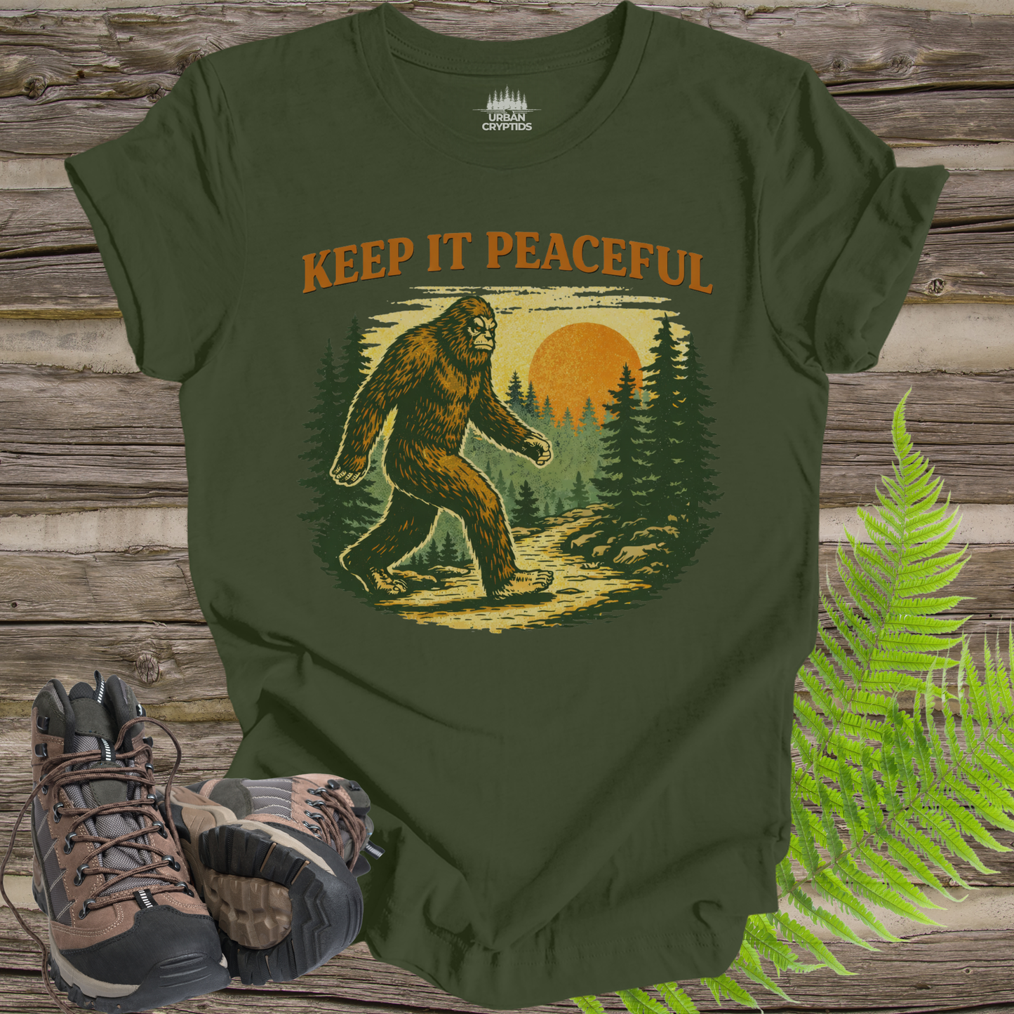 Keep It Peaceful Bigfoot T-Shirt | Vintage Sasquatch Sunset Graphic Tee | Outdoorsy Cryptid Shirt