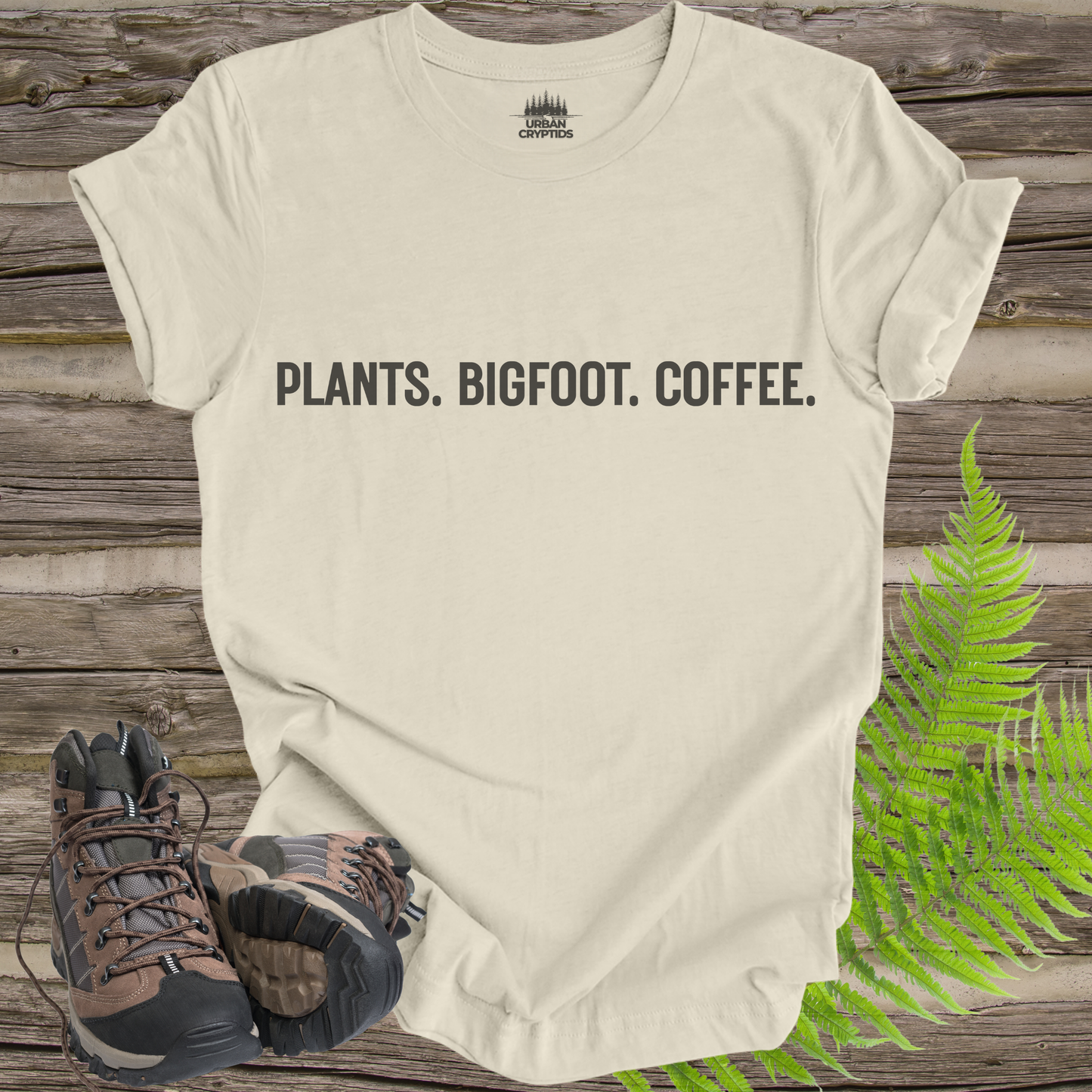 Plants Bigfoot Coffee T-Shirt | Minimalist Cryptid Plant Lover Tee | Funny Outdoorsy Statement Shirt