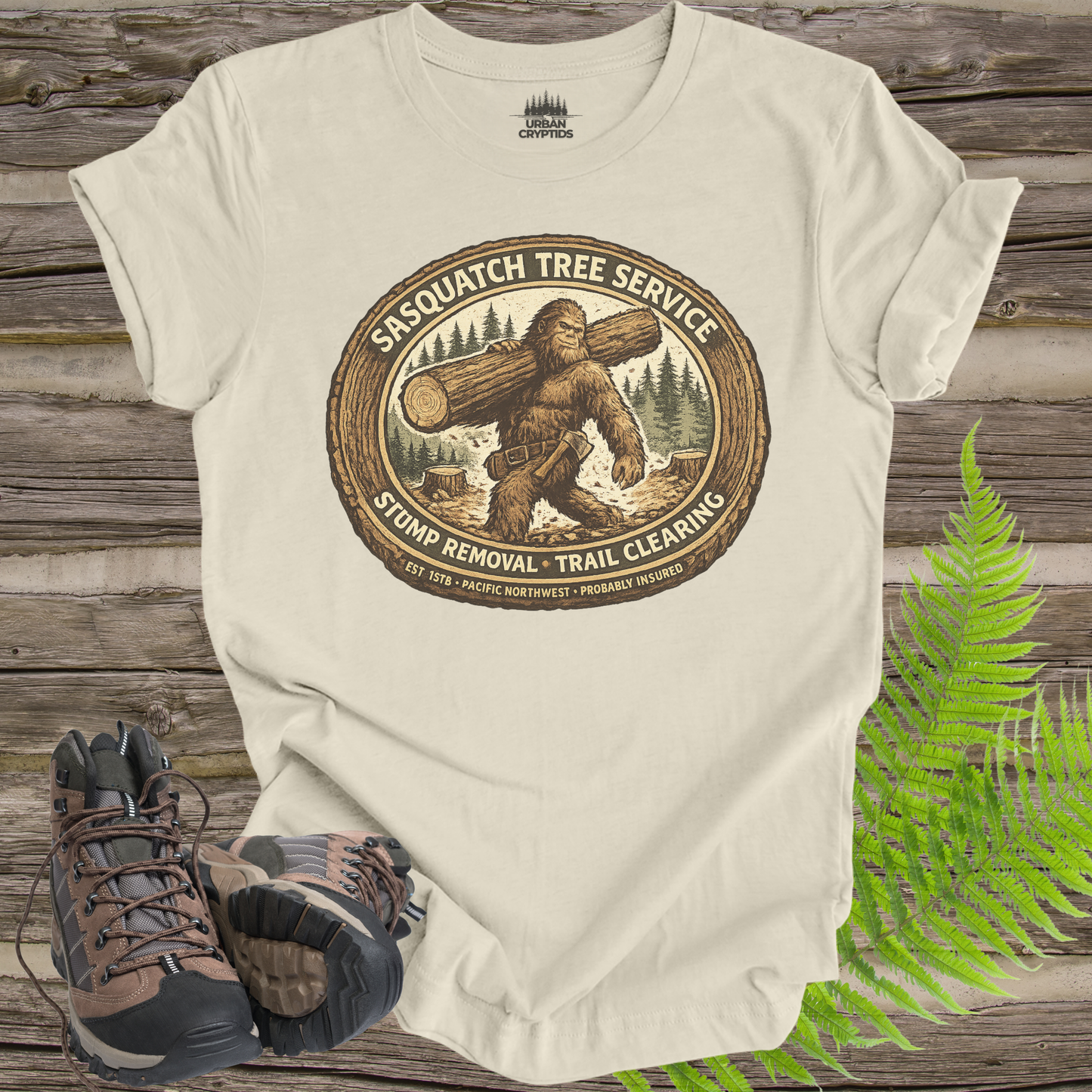 Sasquatch Tree Service Shirt | Cryptid Town Tee | Bigfoot Lumberjack Vintage Badge Stump Removal Trail Clearing