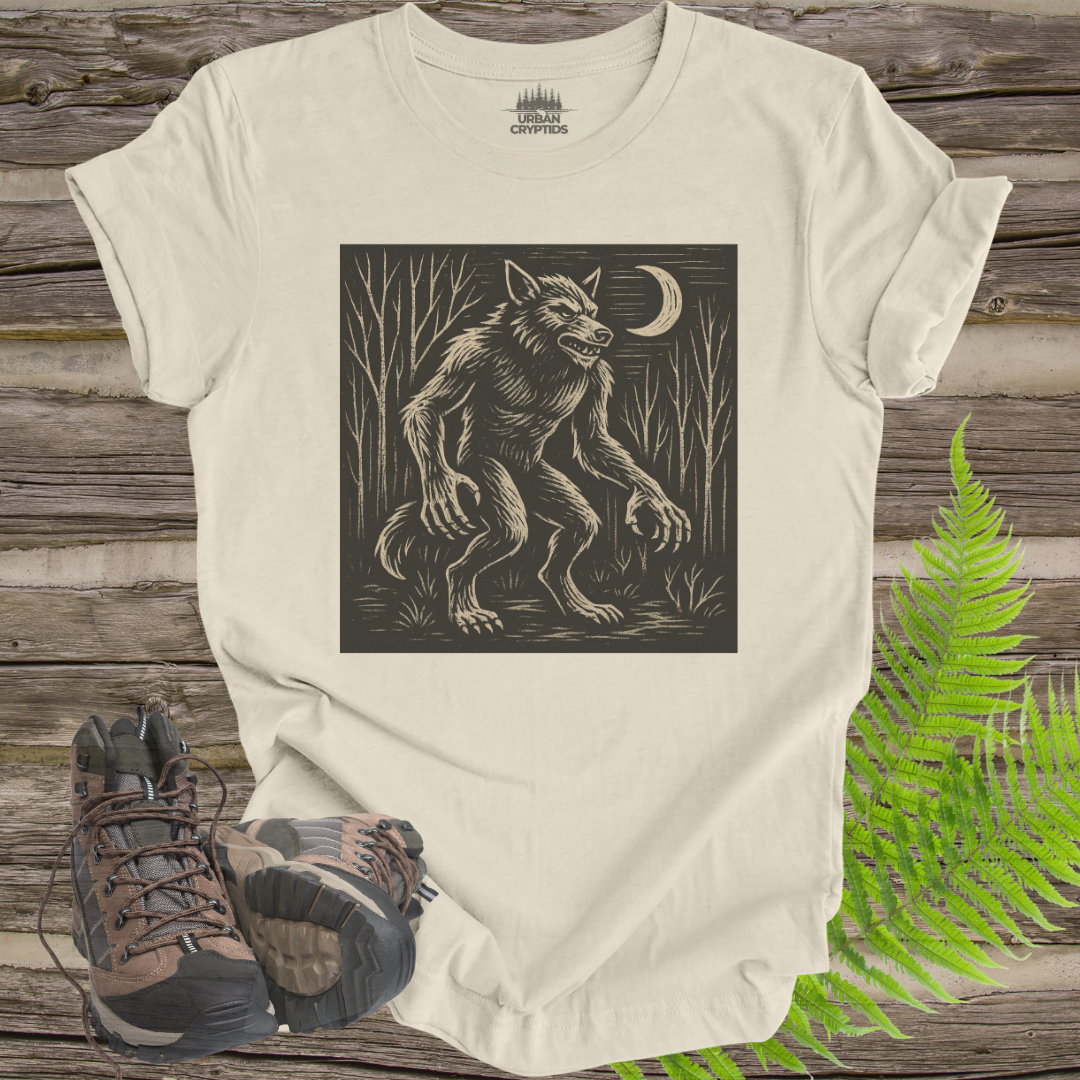 Dogman Cryptid T-Shirt – Woodcut Werewolf Forest Creature Tee