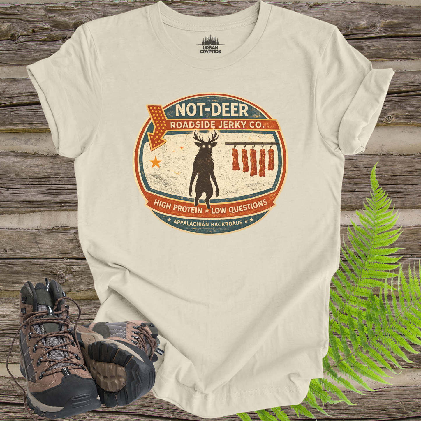 Not-Deer Roadside Jerky Shirt | Cryptid Town Tee | High Protein Low Questions Appalachian Cryptid Vintage Sign