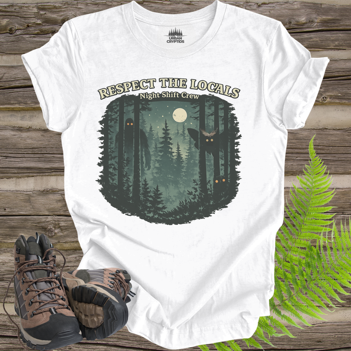 Respect the Locals Night Shift Crew T-Shirt | Spooky Forest Cryptid Graphic Tee | Funny Paranormal Outdoors Shirt