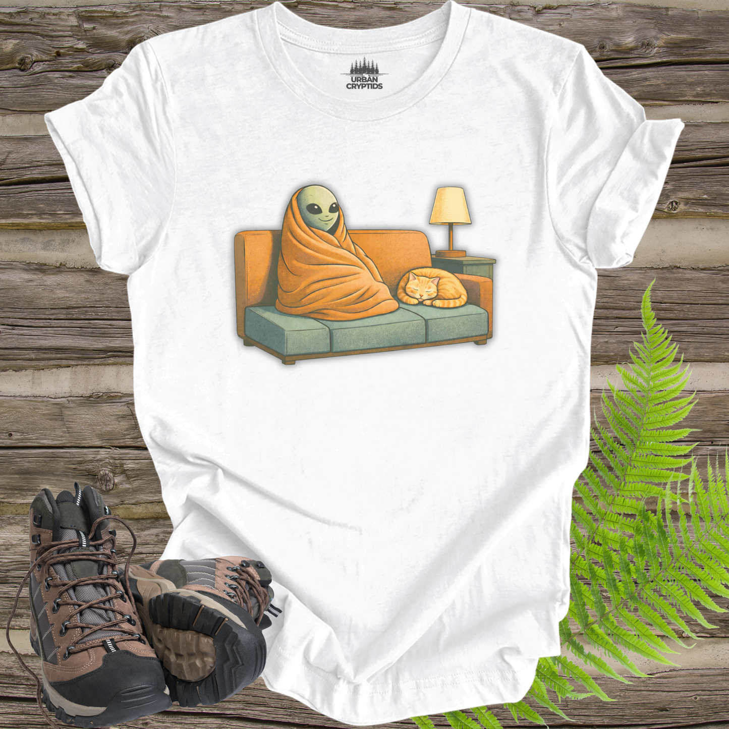 Cozy Alien on Couch T-Shirt | Cute UFO Lover Graphic Tee | “Just Vibing” Space & Cat Shirt