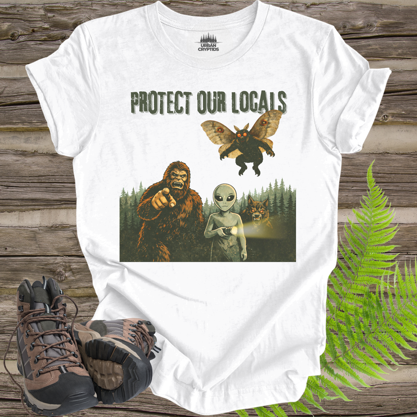 Protect Our Locals T-Shirt | Cryptid Conservation Graphic Tee | Bigfoot Mothman Alien Forest Shirt