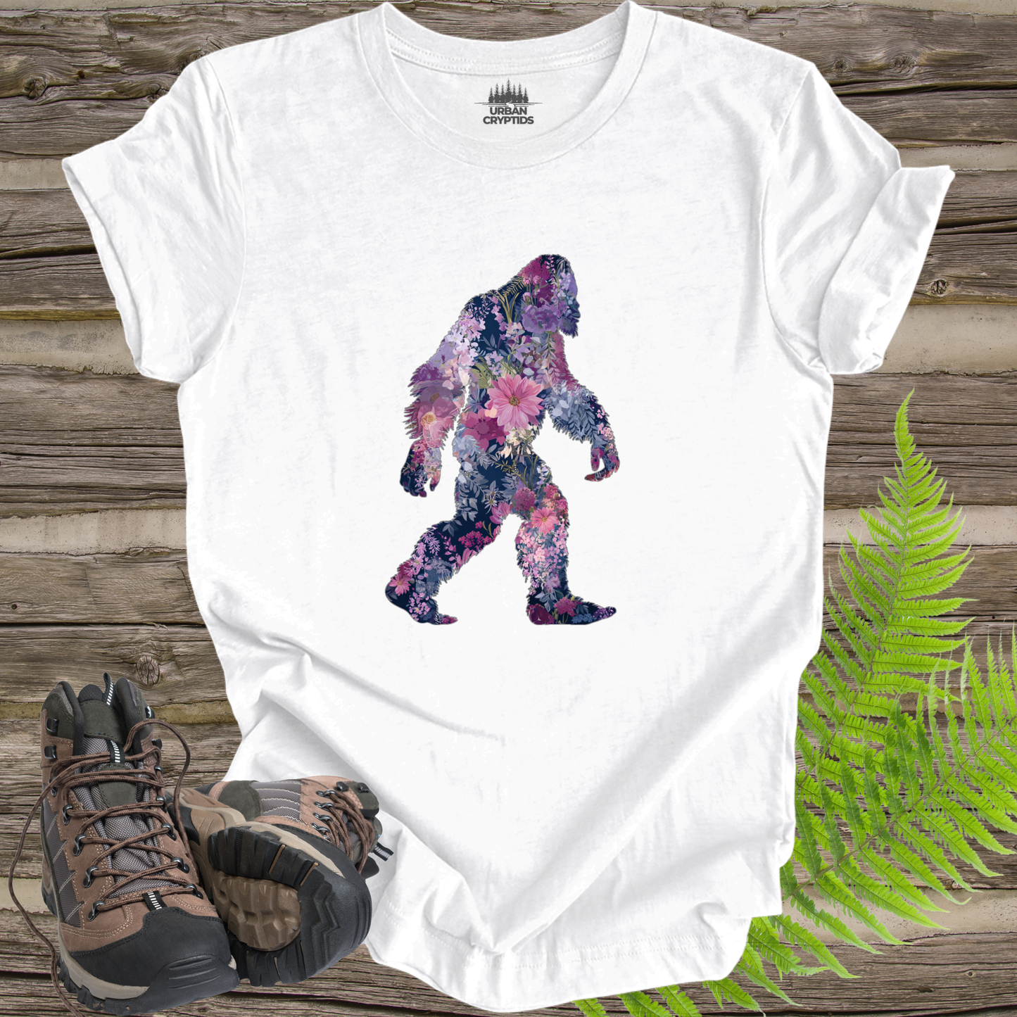 Floral Bigfoot T-Shirt | Wildflower Sasquatch Silhouette Graphic Tee | Nature Lover Cryptid Shirt