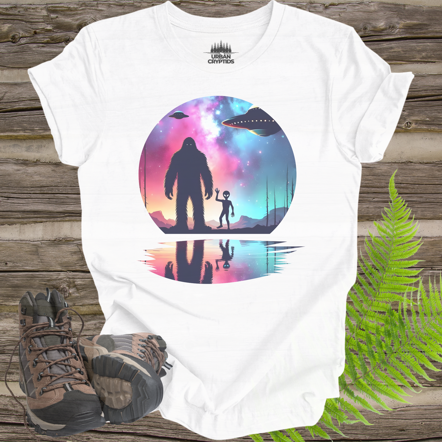 Bigfoot UFO Shirt – Alien First Contact Galaxy Graphic Tee