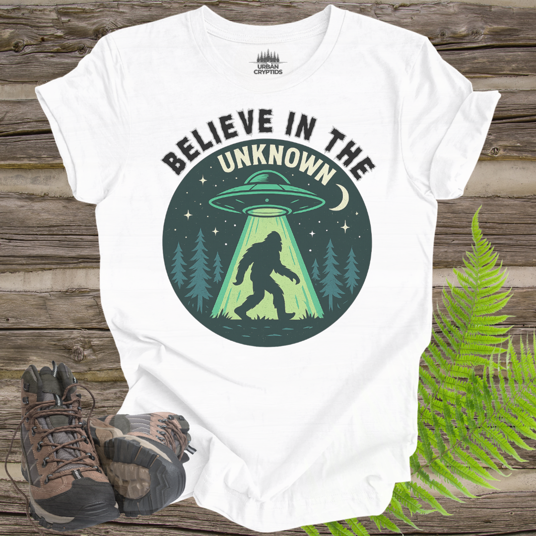 ๐ธ Believe in the Unknown โ Bigfoot UFO Encounter Shirt | Cryptid & Alien T-Shirt for Believers