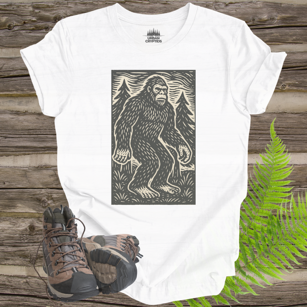 Vintage Bigfoot T-Shirt | Woodcut Sasquatch Cryptid Tee