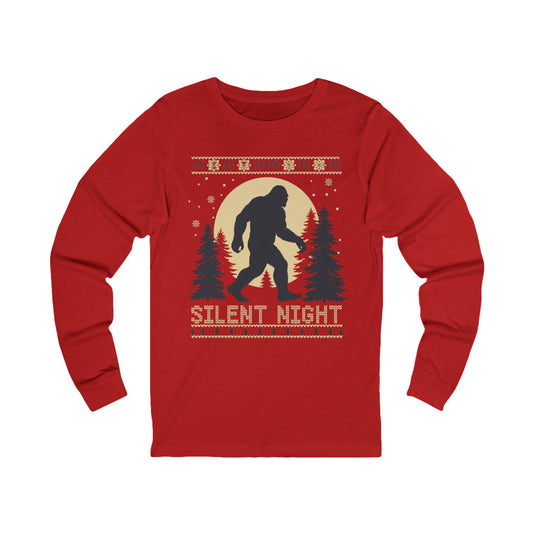 Silent Night Bigfoot Long Sleeve Tee — Woodland Sasquatch Holiday Shirt