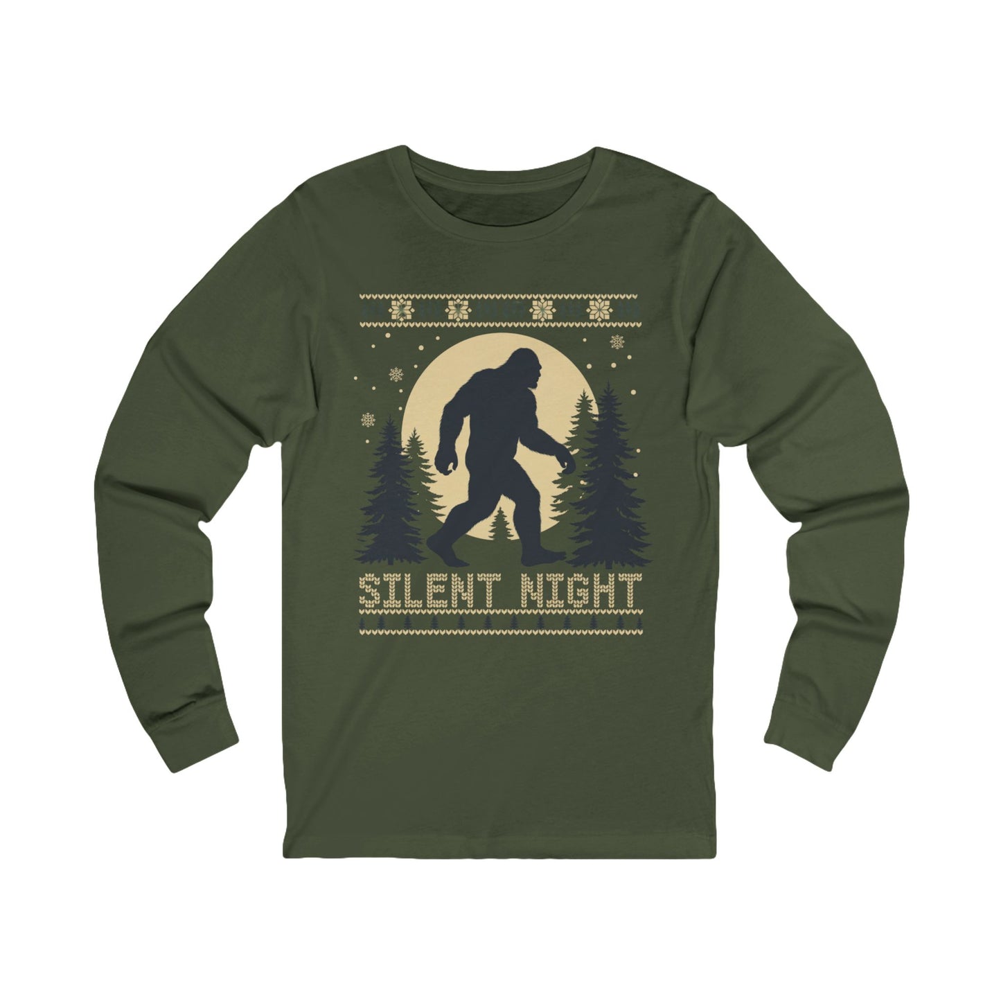 Silent Night Bigfoot Long Sleeve Tee — Woodland Sasquatch Holiday Shirt
