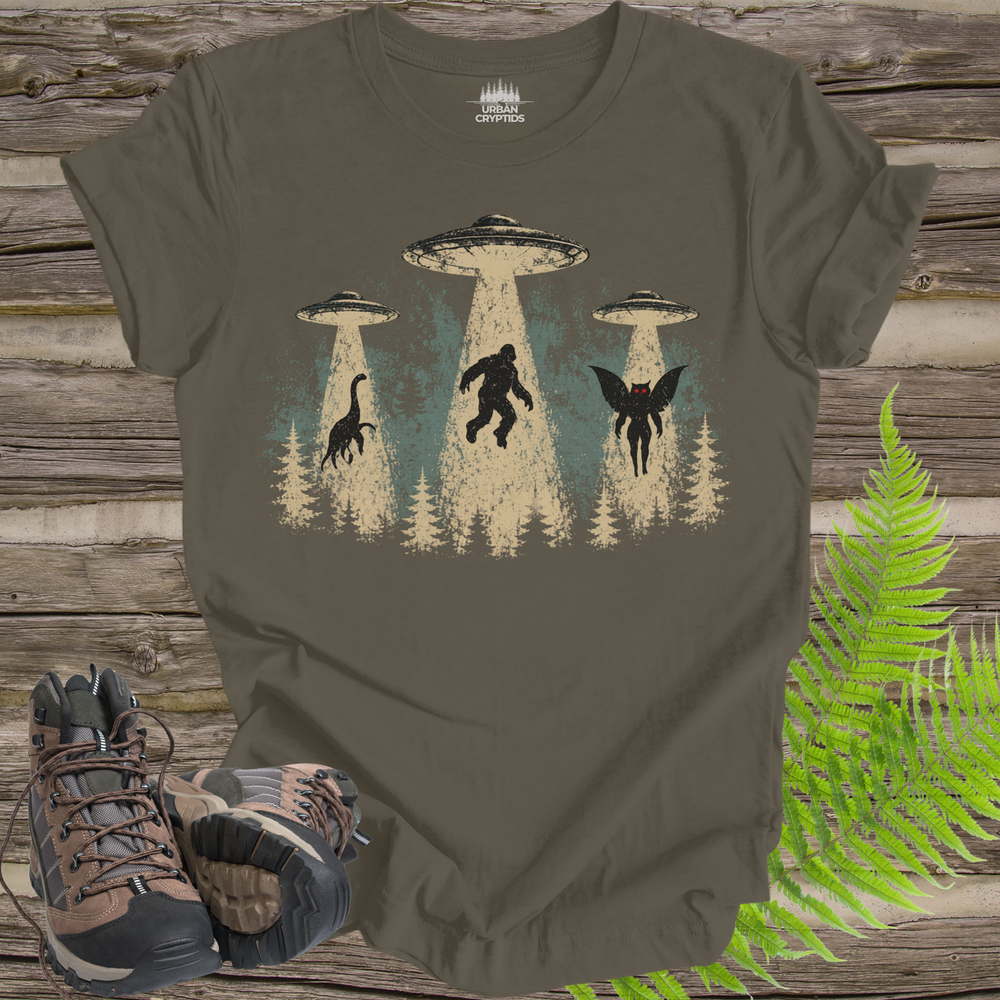 Cryptid Abduction T-Shirt – Bigfoot, Mothman & Nessie UFO Design
