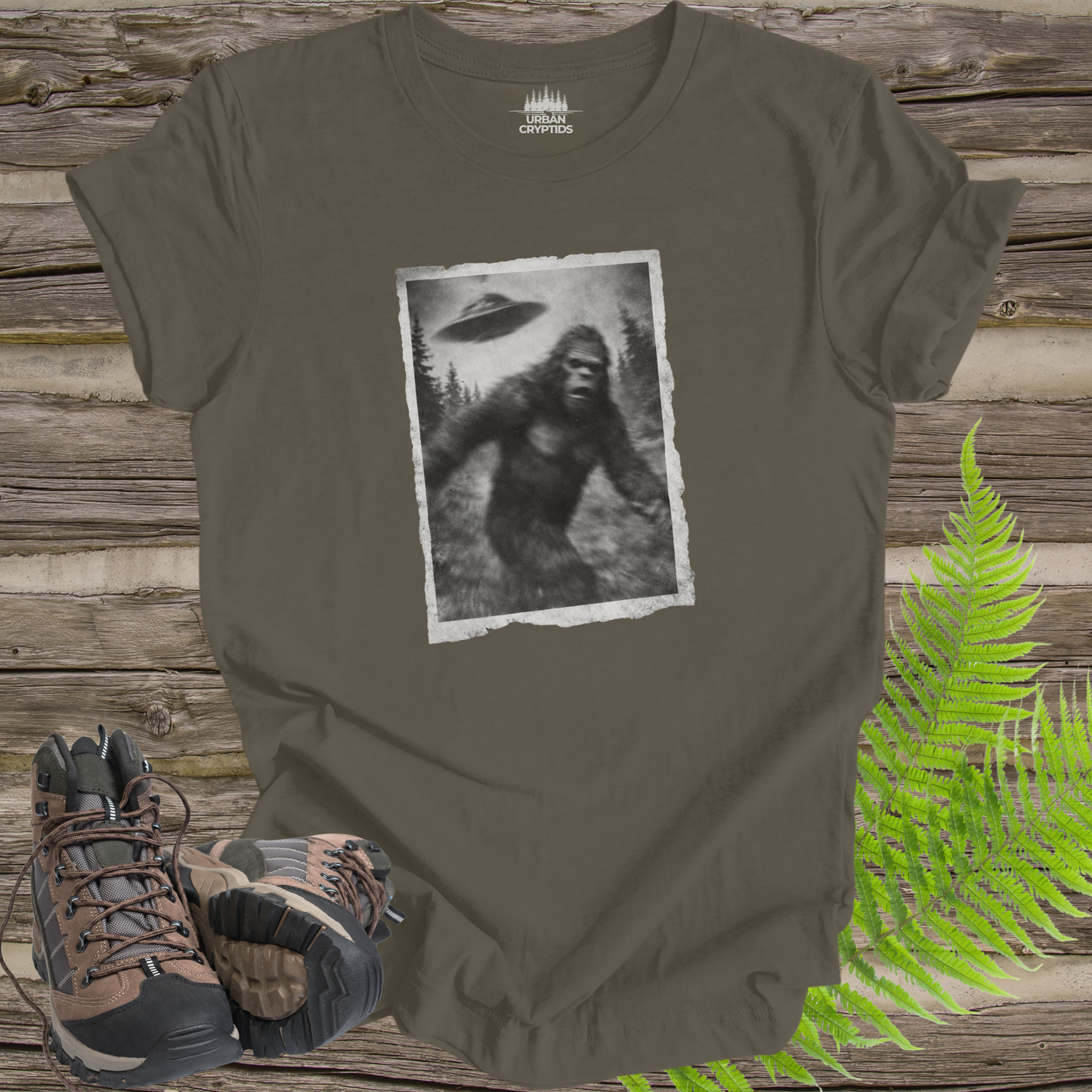 Bigfoot UFO Abduction T-Shirt – Blurry Sasquatch Encounter Tee