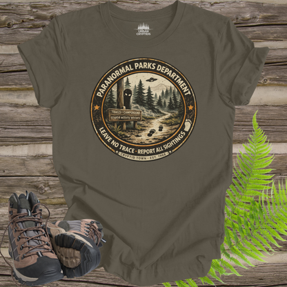 Paranormal Parks Department Shirt | Cryptid Town Tee | Leave No Trace Report All Sightings Vintage Ranger Badge