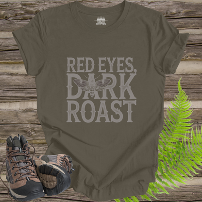 Red Eyes, Dark Roast T-Shirt | Mothman Coffee Graphic Tee | Funny Cryptid Caffeine Shirt
