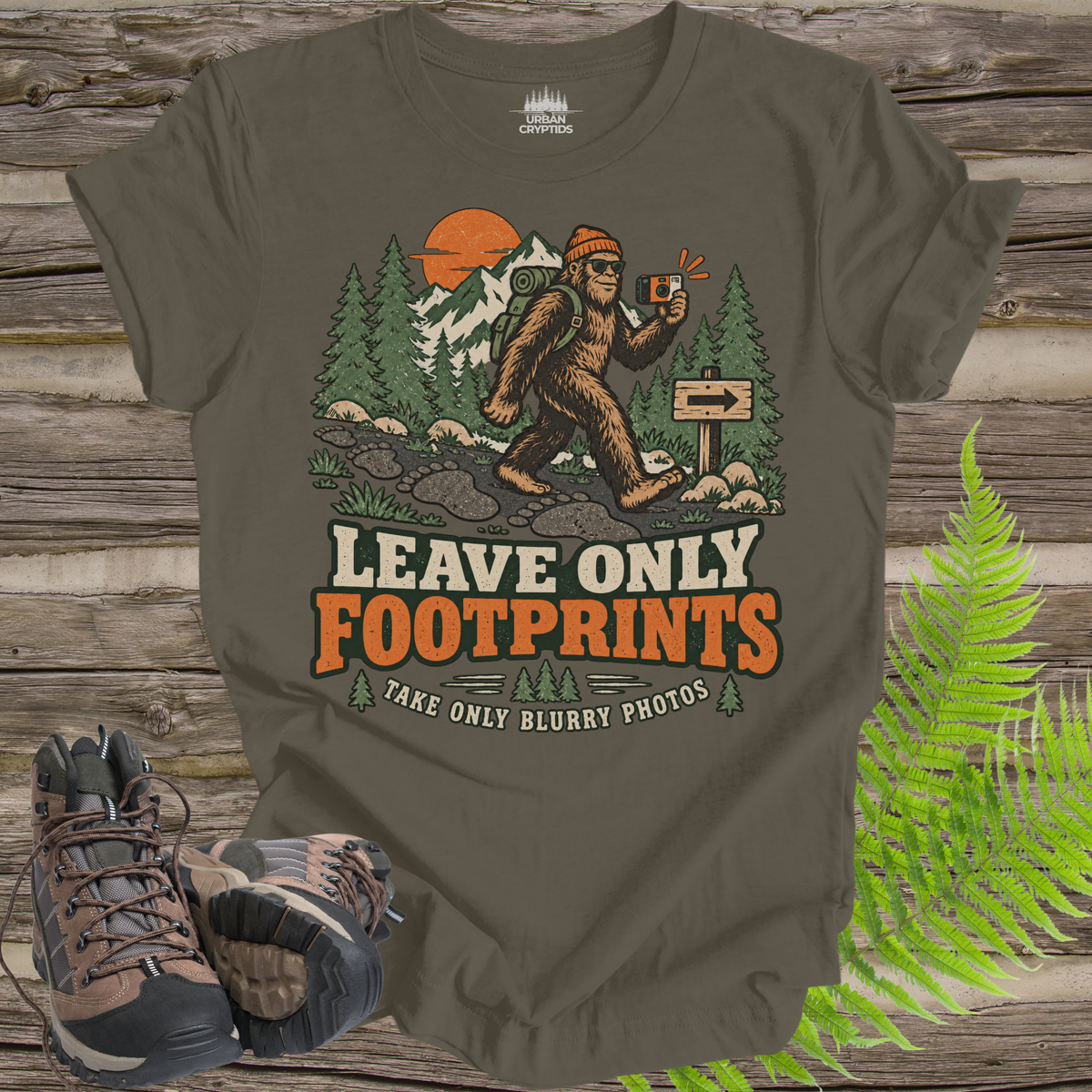 Leave Only Footprints T-Shirt – Funny Bigfoot Hiking Graphic Tee