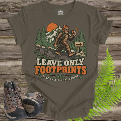 Leave Only Footprints T-Shirt – Funny Bigfoot Hiking Graphic Tee