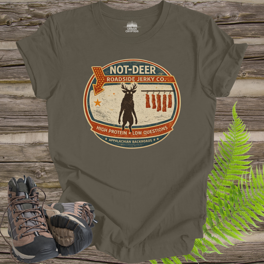 Not-Deer Roadside Jerky Shirt | Cryptid Town Tee | High Protein Low Questions Appalachian Cryptid Vintage Sign
