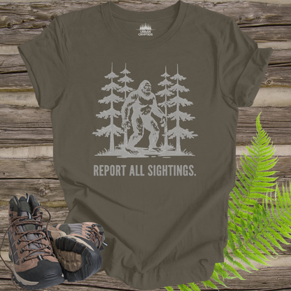 Bigfoot “Report All Sightings” T-Shirt – Vintage Cryptid Forest Design