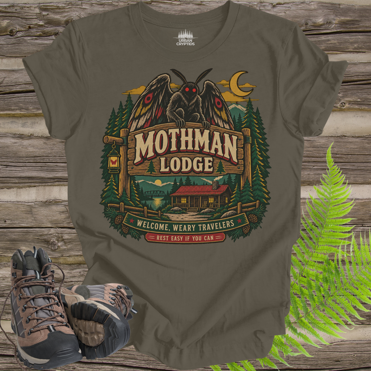 Mothman Lodge T-Shirt – Vintage Appalachian Cryptid Cabin Tee