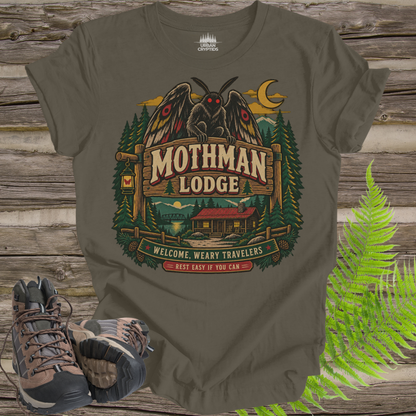 Mothman Lodge T-Shirt – Vintage Appalachian Cryptid Cabin Tee