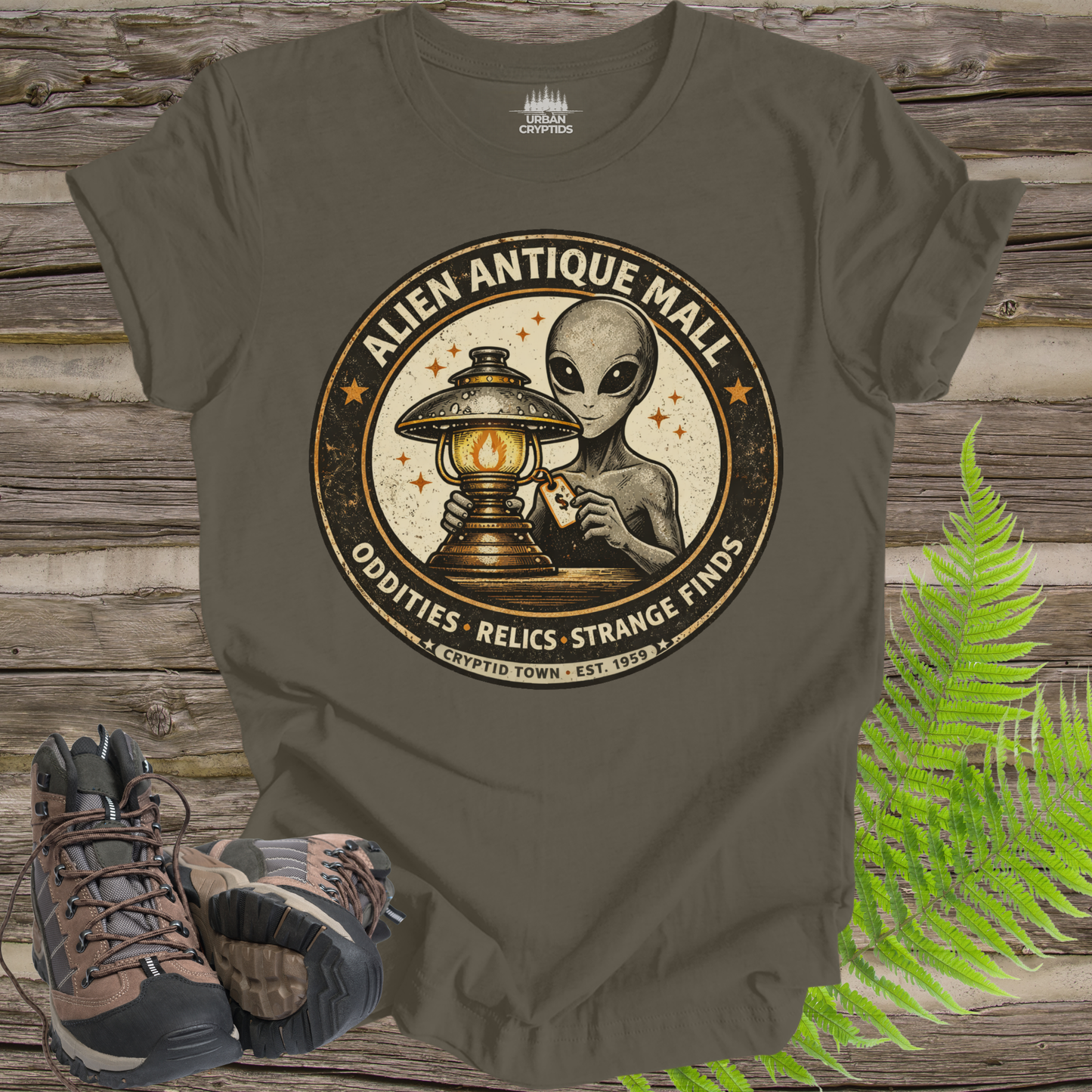 Alien Antique Mall Shirt | Cryptid Town Tee | Oddities Relics Strange Finds UFO Lamp Vintage Store Logo