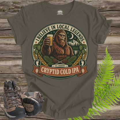 Believe in Local Legends T-Shirt – Bigfoot Cryptid Cold IPA Graphic Tee