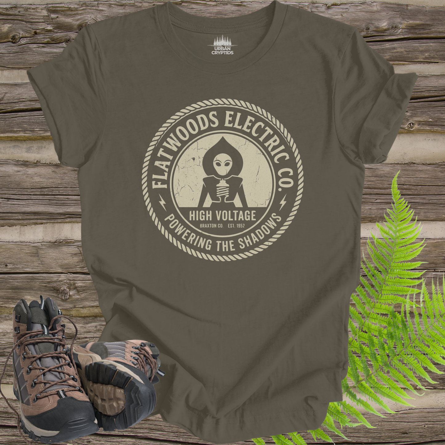 Flatwoods Electric Co Shirt – Alien Utility Company Tee, Flatwoods Monster T-Shirt, UFO Cryptid Logo Shirt