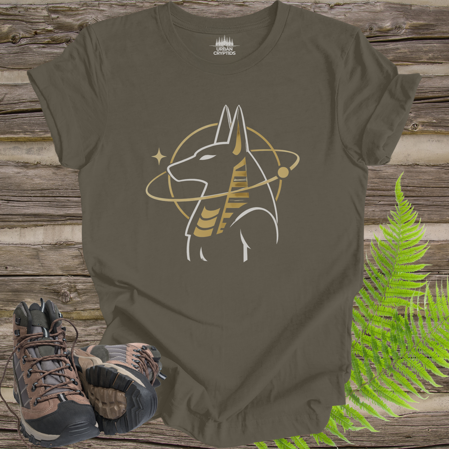 Anubis Cosmic Emblem T-Shirt – Egyptian God Minimalist Gold Design