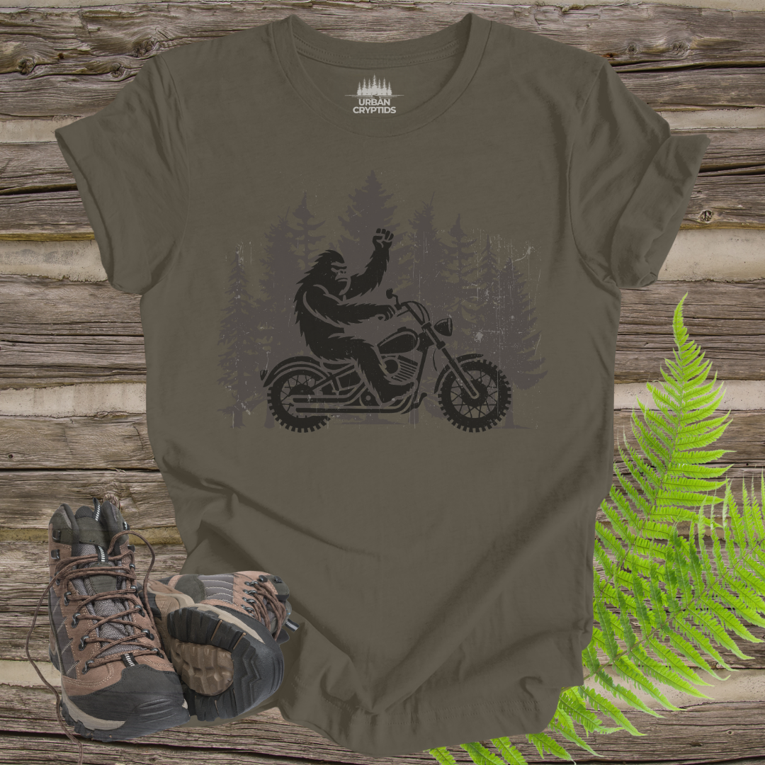 Bigfoot Biker Tee – Sasquatch Riding Motorcycle Forest Shirt