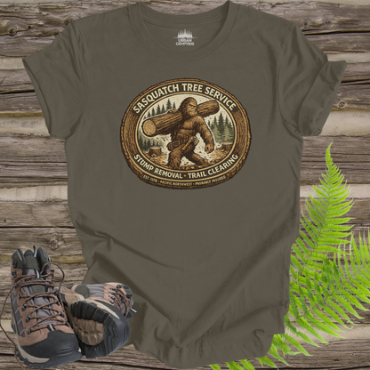 Sasquatch Tree Service Shirt | Cryptid Town Tee | Bigfoot Lumberjack Vintage Badge Stump Removal Trail Clearing