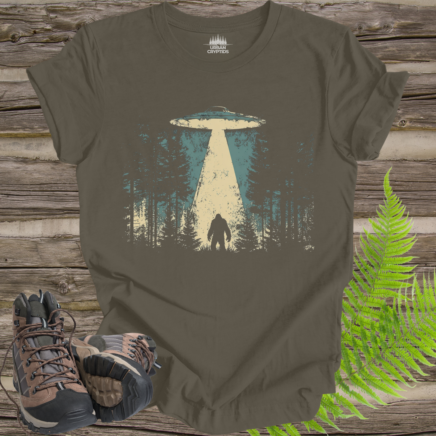 Bigfoot UFO Abduction T-Shirt – Forest Encounter Cryptid Graphic Tee