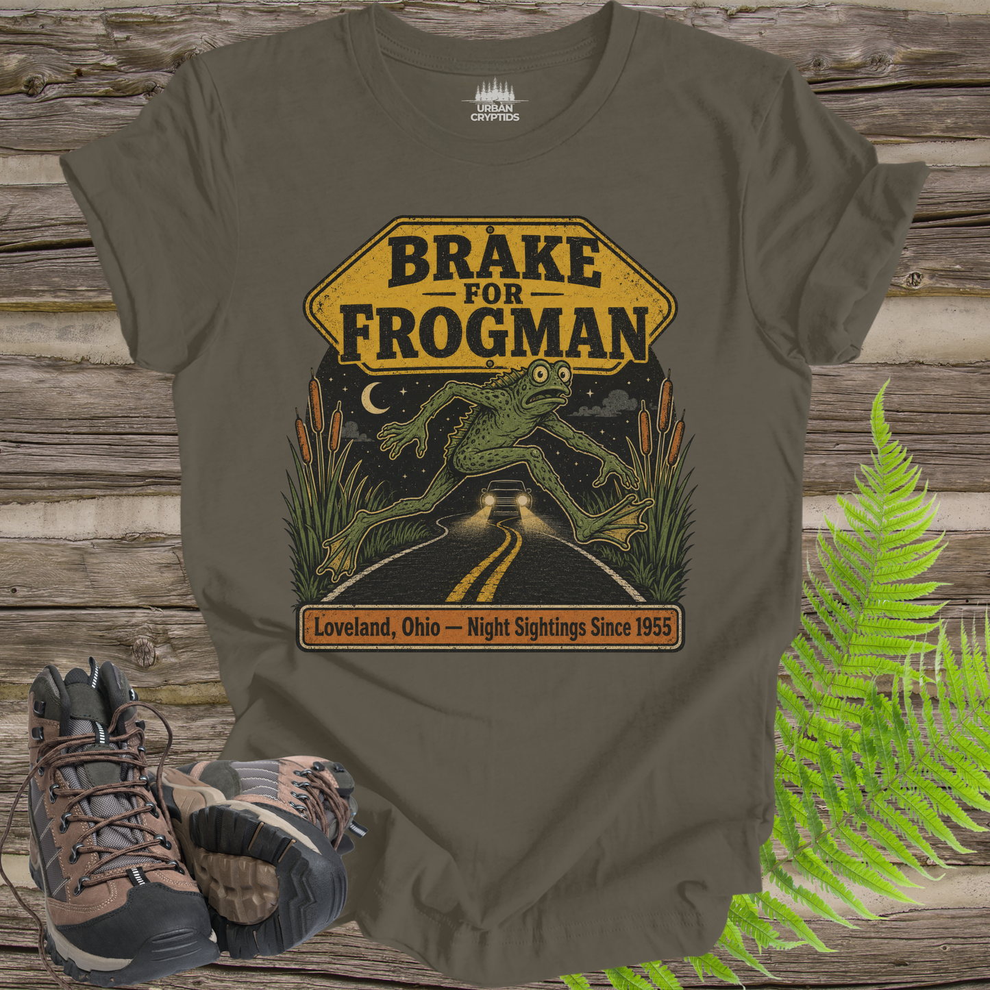 Brake for Frogman T-Shirt – Loveland Ohio Cryptid Roadside Tee