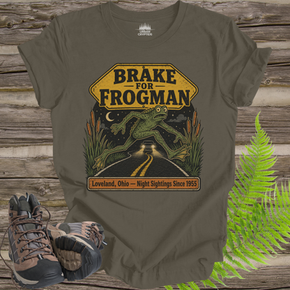 Brake for Frogman T-Shirt – Loveland Ohio Cryptid Roadside Tee