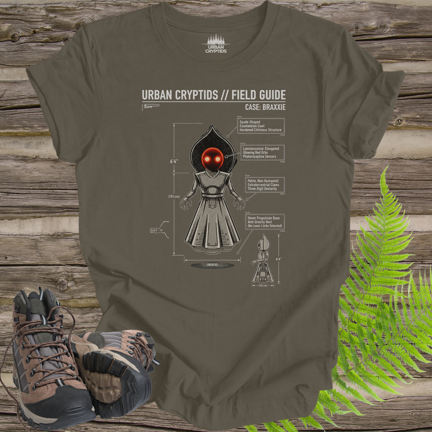 Urban Cryptids Field Guide: Braxxie | Flatwoods Monster Technical Diagram T-Shirt