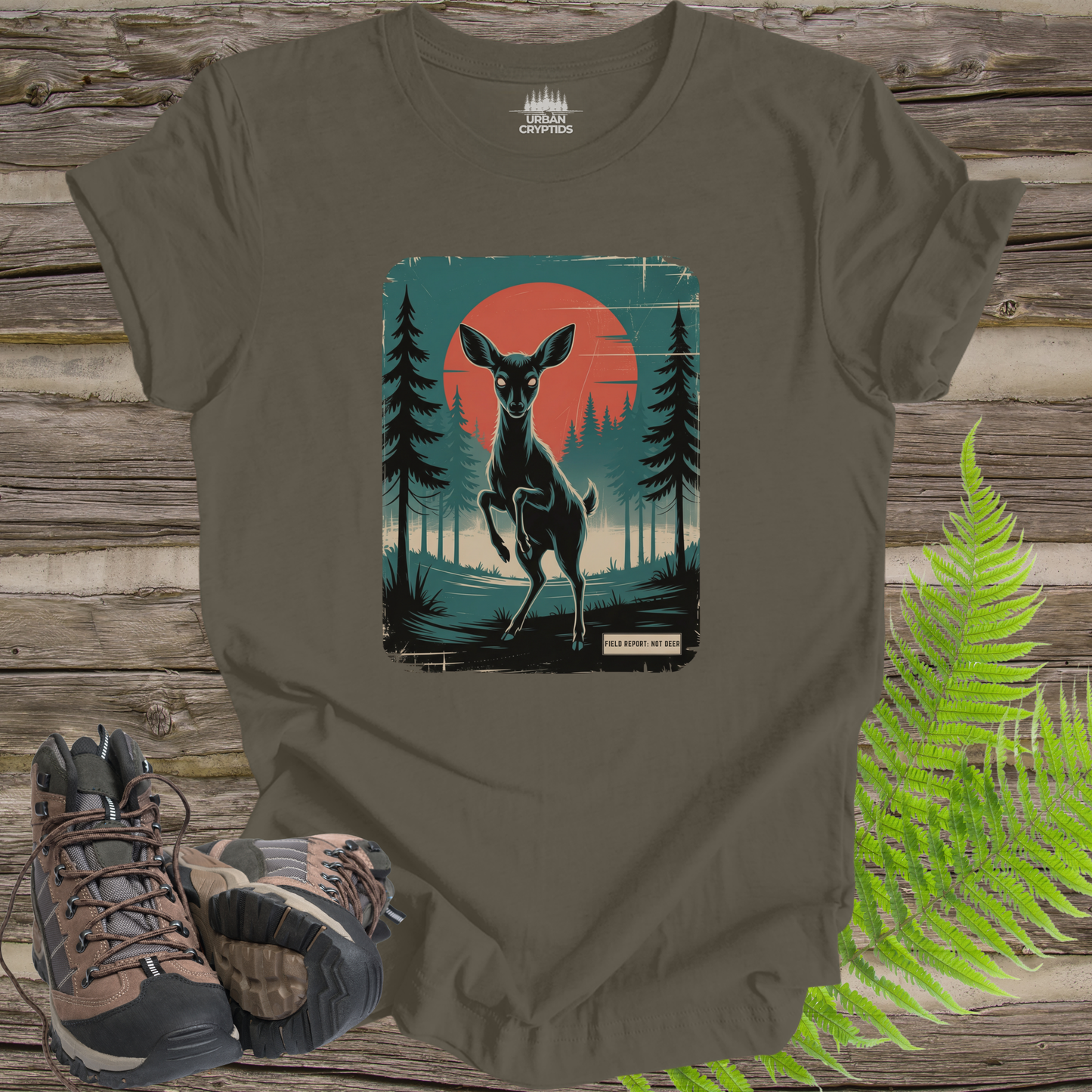 Not Deer Forest Encounter T-Shirt – Vintage Cryptid Wilderness Poster Tee