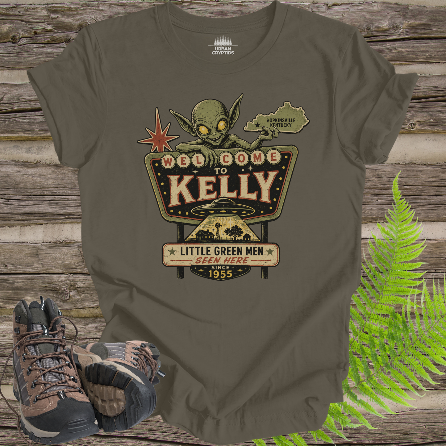 Welcome to Kelly | Little Green Men Seen Here Since 1955 Vintage Kentucky T-Shirt