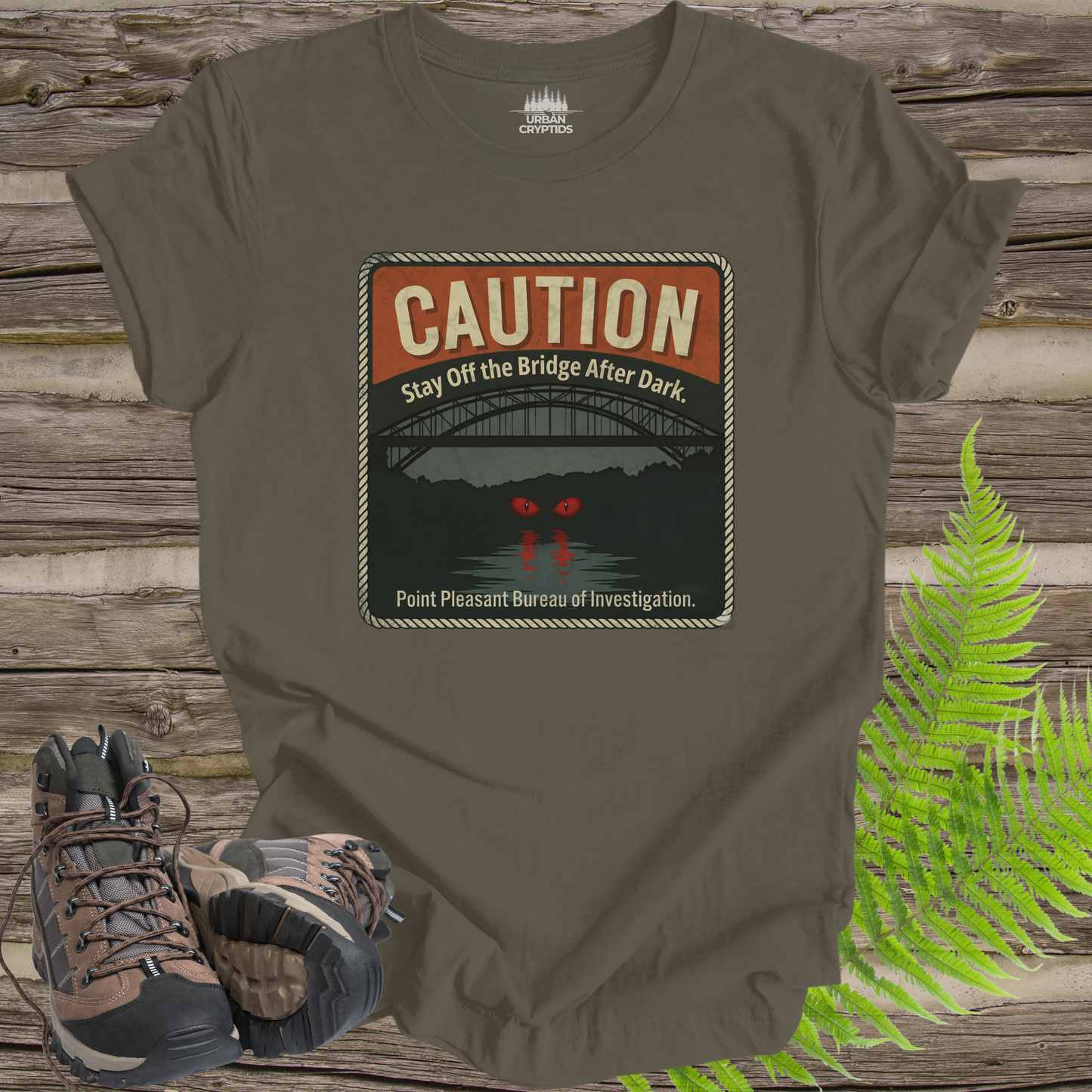 Mothman Caution Sign Shirt – Stay Off the Bridge After Dark, Point Pleasant WV Cryptid Poster Tee
