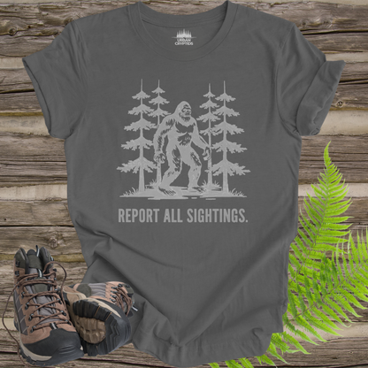 Bigfoot “Report All Sightings” T-Shirt – Vintage Cryptid Forest Design